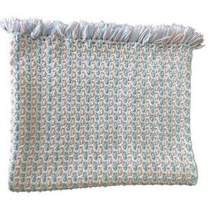 Handmade Pink Blue and White Crocheted Baby Blanket with Fringe 38 x 34 Inches
